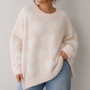 Kate & Sam XL Fuzzy Heart Pearl Sweater Soft Girl Coquette Preppy Cottagecore